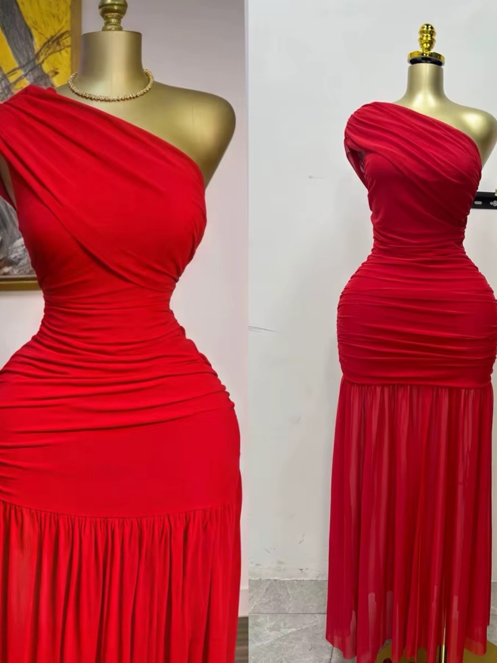 One-Shoulder Red Ruched Maxi Dress